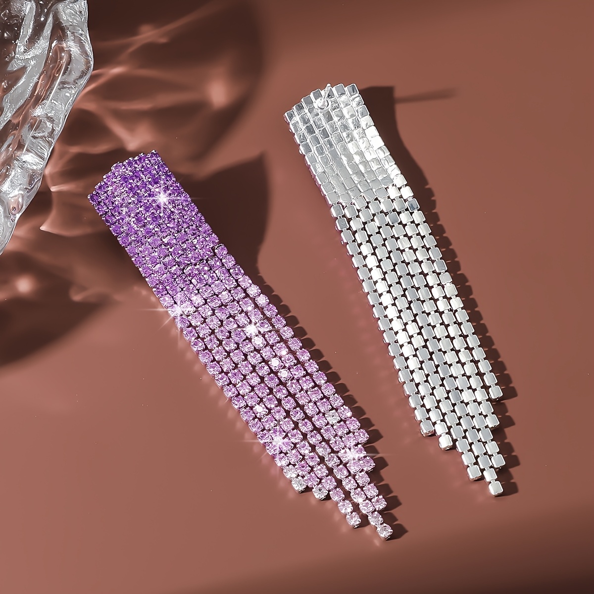 Gradient Color Inlaid Rhinestone Curved Tassel Earrings